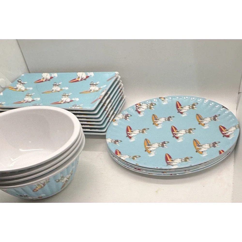 Alex & Zoë French Bulldog Surfing Melamine Dinnerware 17 Pc Plates Bowls Set